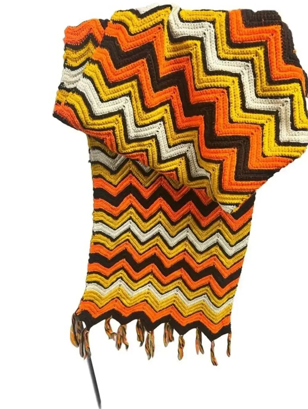 70s Handmade Vintage Crochet Afghan Throw Orange Yellow Brown Mint!
